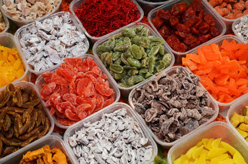 Asseorted dried fruits and candy