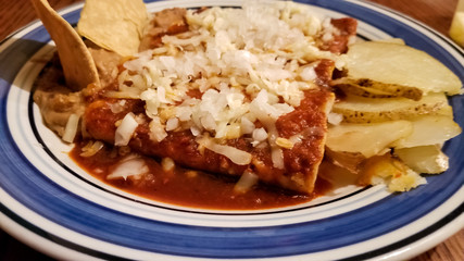 Close-up of some delicious red enchiladas, typical mexican food. Detail of the sauce salsa and the companions of this traditional dish.