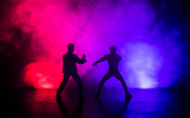 Karate athletes on the background of the Japanese flag.Character karate.silhouettes on a white background. Sports Scramble.