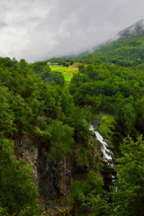 Amazing view of a wonderfull waterfall seen from Stalheimskleiva road, north of Voss village in the region of Hordaland, Norway.