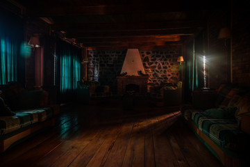 Backdrop of a brick fireplace wall in a vacant setting. Dark room with big windows - Powered by Adobe