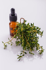 essential oil of thyme on a white background