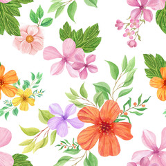 seamless watercolor background mix colorful floral flower and leaves  used for background texture, wrapping paper, textile or wallpaper design.