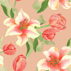 seamless watercolor background mix colorful floral flower and leaves with line art used for background texture, wrapping paper, textile or wallpaper design