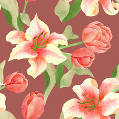 seamless watercolor background mix colorful floral flower and leaves with line art used for background texture, wrapping paper, textile or wallpaper design