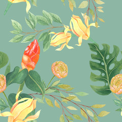 seamless watercolor background mix colorful floral flower and leaves with line art used for background texture, wrapping paper, textile or wallpaper design