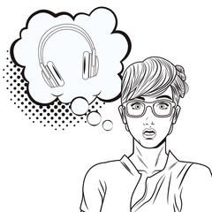 pop art music headphone cartoon black and white