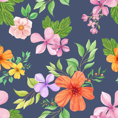 seamless watercolor background mix colorful floral flower and leaves  used for background texture, wrapping paper, textile or wallpaper design.