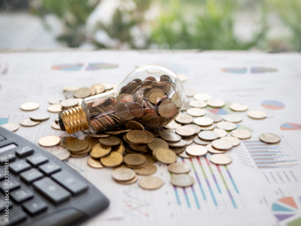 Wall mural light bulb with coin on business graph. the idea of ​​reducing costs and reduce energy consumption a