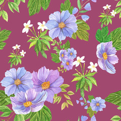 seamless watercolor background mix colorful floral flower and leaves  used for background texture, wrapping paper, textile or wallpaper design.