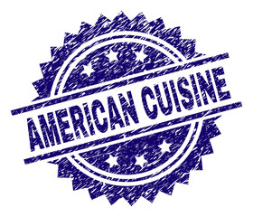 AMERICAN CUISINE stamp seal watermark with distress style. Blue vector rubber print of AMERICAN CUISINE caption with unclean texture.