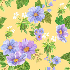 seamless watercolor background mix colorful floral flower and leaves  used for background texture, wrapping paper, textile or wallpaper design.