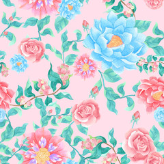 seamless watercolor background mix colorful floral flower and leaves with line art used for background texture, wrapping paper, textile or wallpaper design