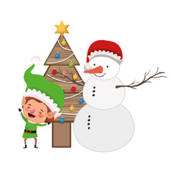 elf with snowman and christmas tree