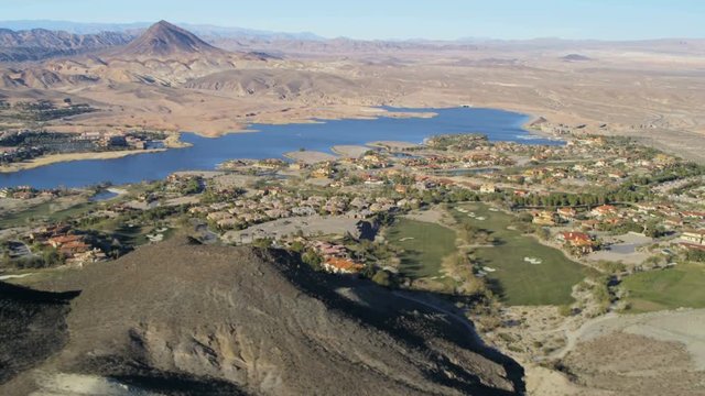 Aerial view desert town residential homes on the shores of Lake Mead reservoir Southeast Las Vegas Nevada 