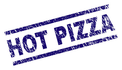 HOT PIZZA seal print with scratced style. Blue vector rubber print of HOT PIZZA text with grunge texture. Text label is placed between parallel lines.