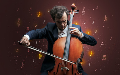 Young cellist with falling musical notes wallpaper and classical concept