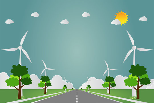 Wind turbines with sun clean energy with road eco-friendly concept ideas.vector illustration