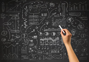 Female hand holding white chalk in front of a blackboard with a business plan drawn on it 
