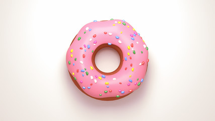 Delicious pink glazed doughnuts with sprinkles. View from above. 3d rendering picture.