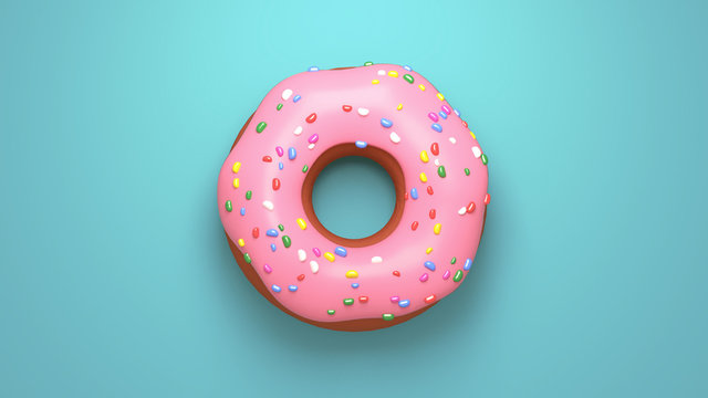 Delicious pink glazed doughnuts with sprinkles on turquoise background. View from above. 3d rendering picture.