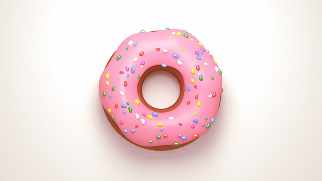 Delicious pink glazed doughnuts with sprinkles. View from above. 3d rendering picture.