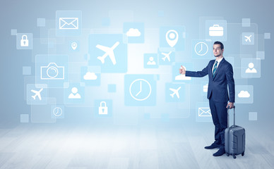 Businessman departs to a business trip with social media and travel symbol concept
