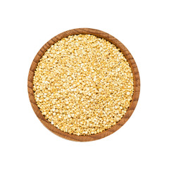 Wooden bowl with quinoa seeds isolated on white background.