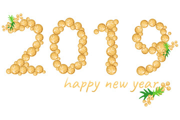 golden 2019 Happy New Year Greeting decorate with green leaf,vector