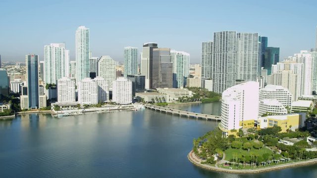 Aerial luxury view over waterfront condominiums and residential properties Brickell Biscayne Bay Miami Florida 