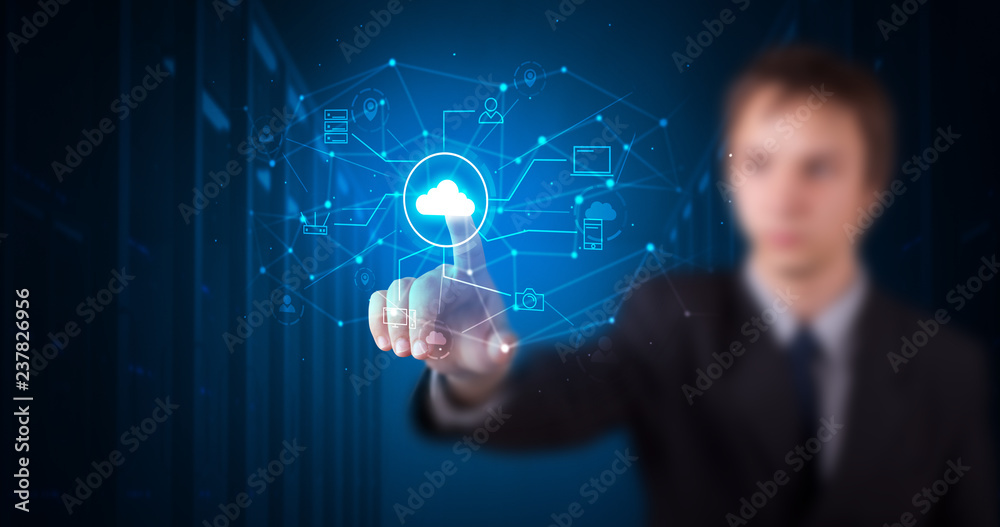 Poster Man touching hologram projection displaying cloud system 
