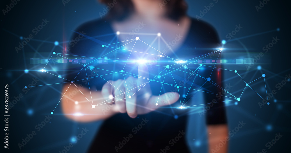 Poster woman touching hologram screen displaying modern web system