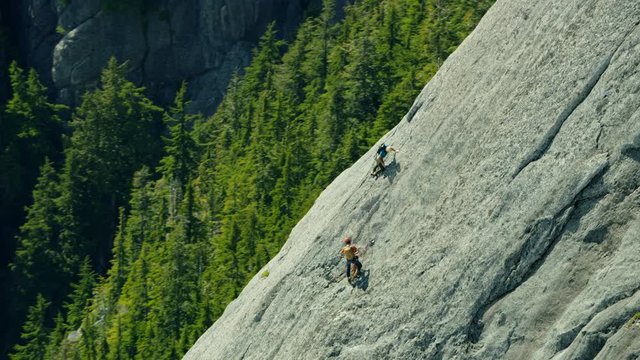 Aerial of male climbers in Squamish Valley Canada