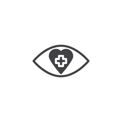 Medicine eye with heart and cross vector icon. filled flat sign for mobile concept and web design. Human eye health care simple solid icon. Symbol, logo illustration. Pixel perfect vector graphics