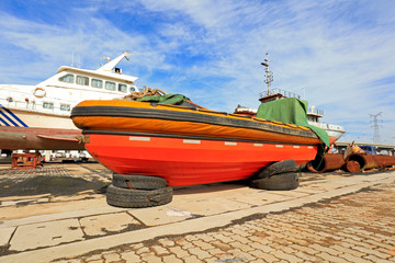 Small lifeboats waiting for maintenance