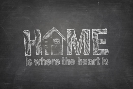 Home is where the heart is text concept on blackboard