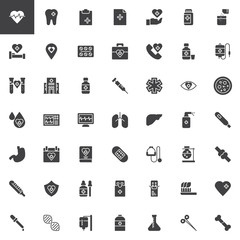 Medical elements vector icons set, modern solid symbol collection, filled style pictogram pack. Signs logo illustration. Set includes icons as Heart Cardiogram, Medical documents, Hospital bed, Clinic