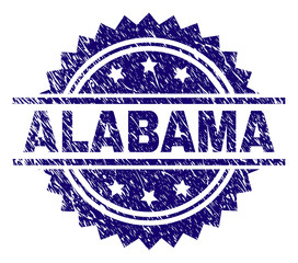 ALABAMA stamp seal watermark with distress style. Blue vector rubber print of ALABAMA caption with corroded texture.