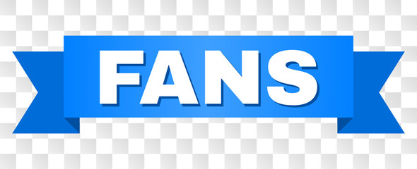FANS text on a ribbon. Designed with white caption and blue stripe. Vector banner with FANS tag on a transparent background.