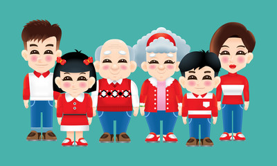 An oriental family with winter costume standing side by side.