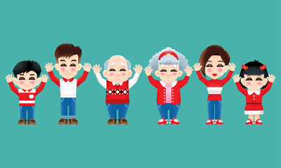 An oriental family with winter costume and both hands raised.