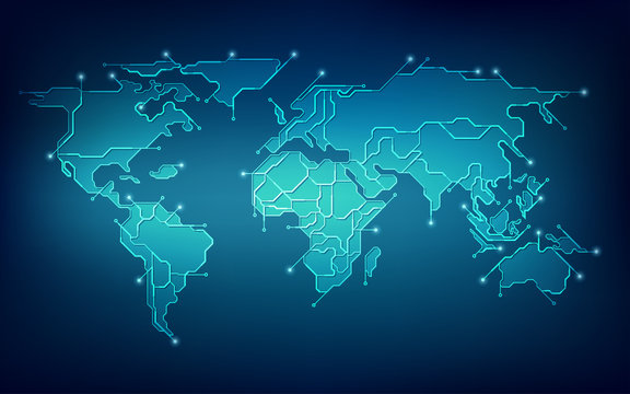 abstract futuristic world map in electronic theme, concept of global network