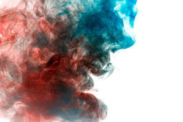 Blue-red smoke swirls on a white background depicting a beautiful pattern, decorative ornaments. Color transition by substance molecules.