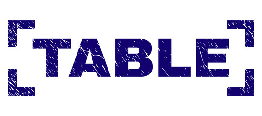 TABLE title seal print with distress texture. Text title is placed between corners. Blue vector rubber print of TABLE with dust texture.