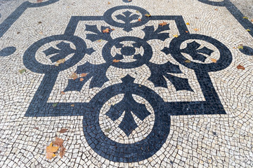 A variety of patterns of paving slabs on the pedestrian zones of Lisbon. Portugal in Autumn