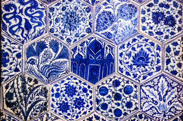 Blue and white islamic mosaic texture and pattern 