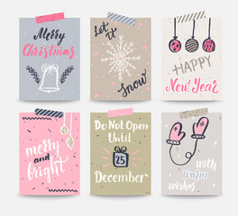 Set of Christmas and Happy New Year greeting cards with lettering phrase and decorative winter holiday elements. Vector illustration