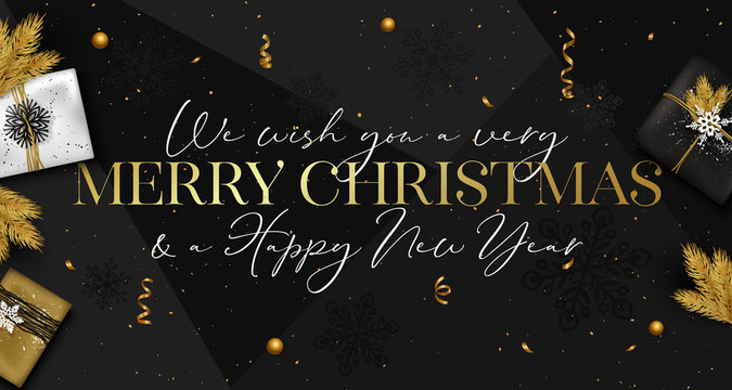 Happy New Year background with gold snowflakes, confetti and Christmas tree branch. Vector illustration