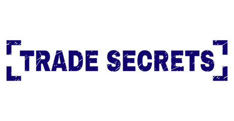 TRADE SECRETS text seal print with grunge effect. Text title is placed between corners. Blue vector rubber print of TRADE SECRETS with dust texture.