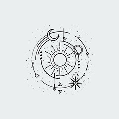 Fototapeta premium Vintage illustration of thin line sun of sacred.